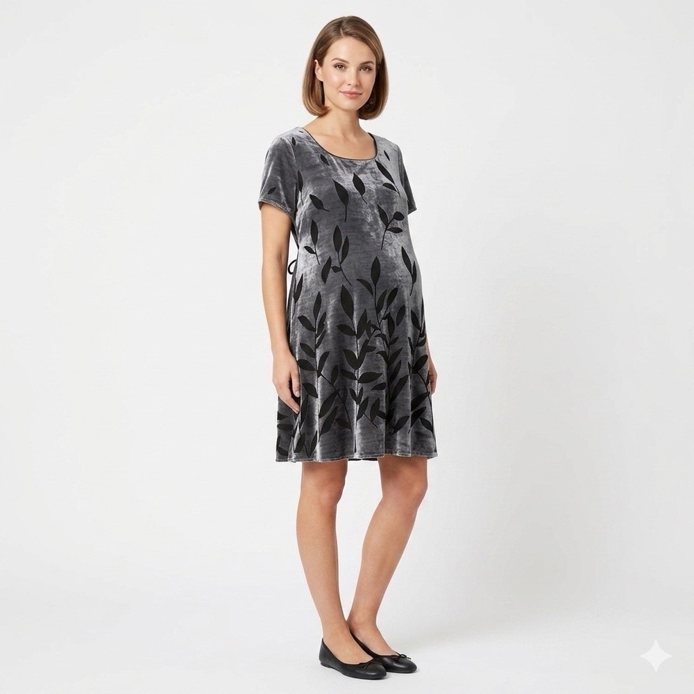 Mimi Maternity Size-L Knee Dress Gray Velvet Silk Blend Tie‎ Back